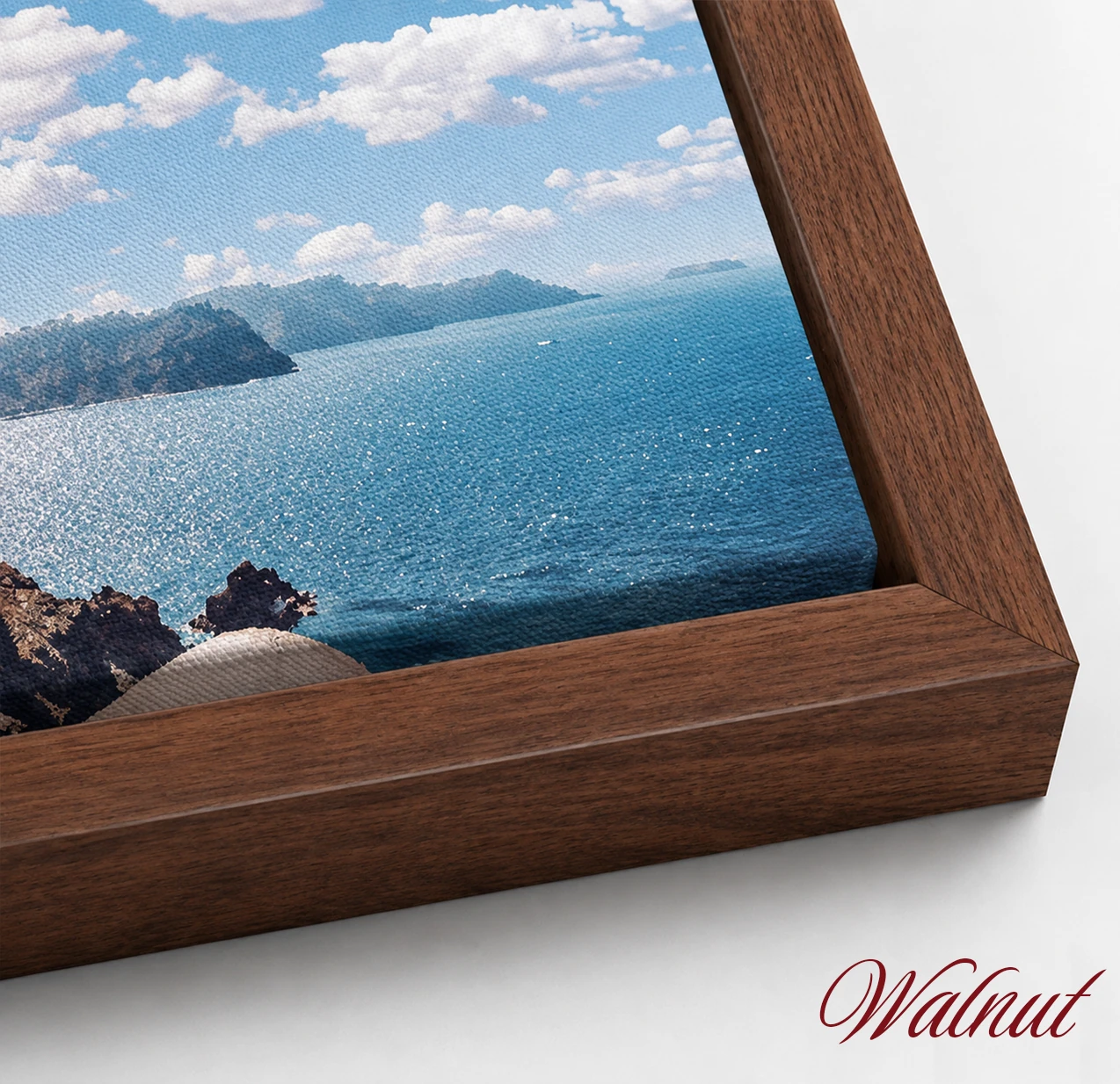 Walnut canvas floating frame corner